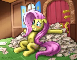 Size: 1016x797 | Tagged: artist:pluckyninja, blushing, derpibooru import, door, fluttershy, interior, letter, lip bite, love letter, pile, safe, valentine