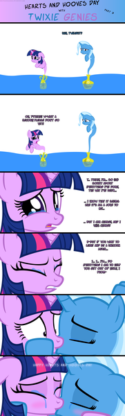 Size: 1050x3480 | Tagged: safe, artist:navitaserussirus, derpibooru import, trixie, twilight sparkle, genie, asktwixiegenies, apology, crying, female, hearts and hooves day, kissing, lesbian, shipping, twixie, wavy mouth