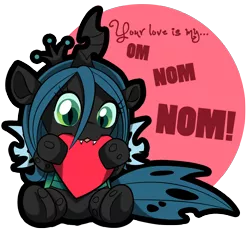 Size: 2016x1872 | Tagged: artist:jadedjynx, changeling, chibi, crown, cute, cutealis, cute little fangs, derpibooru import, fangs, female, heart, jewelry, nom, nymph, queen chrysalis, regalia, safe, sitting, solo