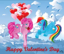 Size: 812x678 | Tagged: safe, artist:greenasday, derpibooru import, pinkie pie, rainbow dash, balloon, female, lesbian, pinkiedash, shipping, then watch her balloons lift her up to the sky, valentine, valentine's day