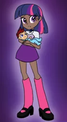 Size: 284x512 | Tagged: dead source, safe, artist:princessmarshmallow, derpibooru import, twilight sparkle, oc, oc:lightning blitz, baby, blackwashing, dark skin, holding, human coloration, humanized, image, mama twilight, mary janes, offspring, parent:rain catcher, parent:scootaloo, parents:catcherloo, png, redesign, twoiloight spahkle