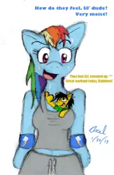 Size: 965x1480 | Tagged: safe, artist:axel-dk64, derpibooru import, rainbow dash, anthro, pony, anthro with ponies, giant anthro, giant pony, giant rainbow dash, giantess, macro, mega/giant rainbow dash, sweat