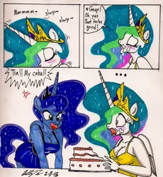 Size: 1418x1542 | Tagged: anthro, artist:newyorkx3, bait and switch, breasts, cake, cakelestia, cleavage, comic, derpibooru import, female, not porn, princess celestia, princess luna, suggestive, traditional art