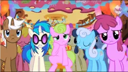 Size: 597x340 | Tagged: berry punch, berryshine, blues, bon bon, cherry berry, daisy, derpibooru import, flower wishes, linky, magical mystery cure, mochaccino, noteworthy, rare find, safe, screencap, shoeshine, sweetie drops, vinyl scratch, what my cutie mark is telling me