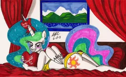 Size: 1714x1048 | Tagged: suggestive, artist:newyorkx3, derpibooru import, princess celestia, alicorn, anthro, ass, bed, bedroom, bedroom eyes, blushing, breasts, candy, chocolate, clothes, cutie mark, female, food, holiday, image, jpeg, multicolored mane, multicolored tail, panties, praise the sun, purple eyes, royalty, sexy, smiling, sparkles, stupid sexy celestia, teeth, traditional art, underwear, valentine, valentine's day, wings, yellow underwear