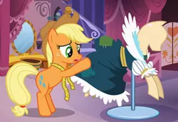 Size: 600x412 | Tagged: safe, derpibooru import, screencap, applejack, earth pony, pony, magical mystery cure, clothes, cropped, dress, female, mare, measuring tape, ponyquin, solo, swapped cutie marks, what my cutie mark is telling me