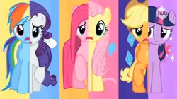 Size: 598x336 | Tagged: safe, derpibooru import, applejack, fluttershy, pinkie pie, rainbow dash, rarity, twilight sparkle, pony, magical mystery cure, mane six, pinkamena diane pie, swapped cutie marks, what my cutie mark is telling me