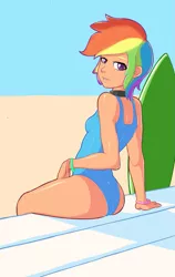 Size: 633x1000 | Tagged: artist:miketheuser, breasts, clothes, delicious flat chest, derpibooru import, female, human, humanized, one-piece swimsuit, rainbow dash, solo, solo female, suggestive, swimsuit