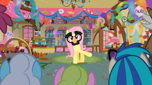 Size: 637x357 | Tagged: berry punch, berryshine, daisy, derpibooru import, flower wishes, fluttershy, glasses, groucho mask, linky, magical mystery cure, safe, screencap, shoeshine, vinyl scratch, what my cutie mark is telling me