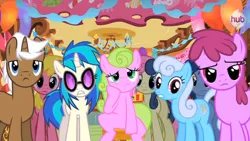 Size: 1541x867 | Tagged: berry punch, berryshine, blues, bon bon, bon bon is not amused, bored, cherry berry, daisy, derpibooru import, flower wishes, linky, magical mystery cure, mochaccino, noteworthy, rare find, safe, shoeshine, sweetie drops, unamused, vinyl scratch, what my cutie mark is telling me