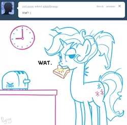 Size: 642x634 | Tagged: allie way, artist:nyerpy, ask, ask allie way, derpibooru import, morning ponies, safe, solo, toast, toaster, tumblr