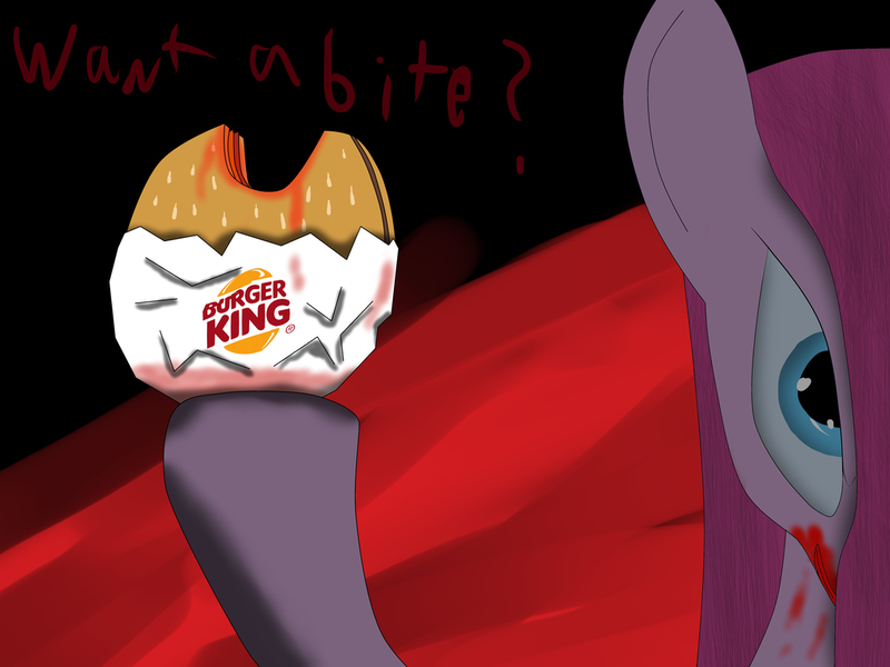 Size: 1024x768 | Tagged: artist:xhardwirex, blood, burger, burger king, cannibalism, food, horse meat, implied murder, meat, pinkamena diane pie, pinkie pie, ponies eating meat, semi-grimdark