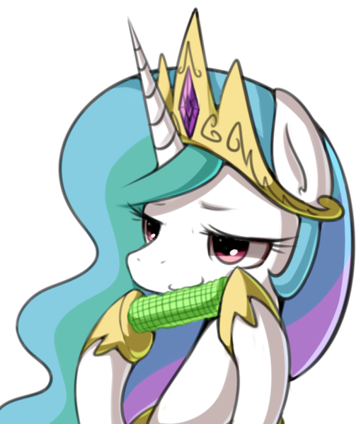 Size: 874x1029 | Tagged: artist:maren, corn, derpibooru import, eating, food, princess celestia, safe, solo