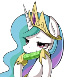 Size: 874x1029 | Tagged: artist:maren, corn, derpibooru import, eating, food, princess celestia, safe, solo