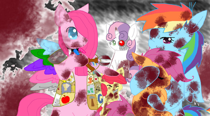 Size: 900x498 | Tagged: grimdark, artist:angelstar000, derpibooru import, pinkie pie, rainbow dash, scootaloo, sweetie belle, earth pony, pegasus, pony, robot, unicorn, fanfic:cupcakes, fanfic:rainbow factory, blood, cutie mark dress, eyes closed, female, filly, foal, hooves, horn, mare, pinkamena diane pie, scootalove, sweetie bot, wings