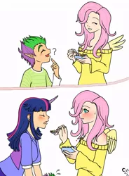 Size: 600x817 | Tagged: artist:shiko-k, cereal, derpibooru import, female, fluttershy, food, horned humanization, humanized, lesbian, safe, shipping, spike, twilight sparkle, twishy, winged humanization