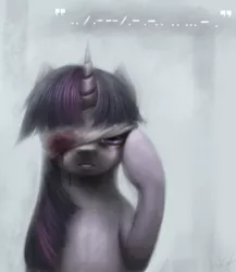 Size: 650x750 | Tagged: artist:ventious, bandage, blood, derpibooru import, grimdark, morse code, twilight sparkle