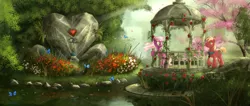 Size: 1939x823 | Tagged: safe, artist:devinian, derpibooru import, big macintosh, cheerilee, butterfly, earth pony, pony, cheerimac, flower, gazebo, hearts and hooves day, male, necktie, rose, scenery, scenery porn, shipping, stallion, straight