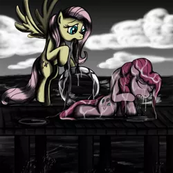 Size: 1000x1000 | Tagged: artist:jamescorck, derpibooru import, fluttershy, lifebuoy, pier, pinkie pie, rescue, semi-grimdark, water