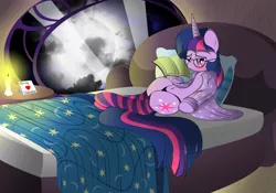 Size: 3496x2450 | Tagged: artist:v-d-k, bed, bedroom, bedroom eyes, blanket, blushing, clothes, derpibooru import, glasses, looking at you, pillow, robe, socks, solo, striped socks, suggestive, twilight sparkle, valentine