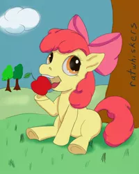 Size: 850x1062 | Tagged: safe, artist:ratwhiskers, derpibooru import, apple bloom, earth pony, pony, apple, food, sitting, solo