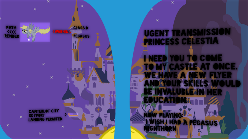 Size: 1067x600 | Tagged: canterlot, derpibooru import, derpy hooves, english, heads up display, hud, perspective, pov, princess celestia, safe, spitfire, text, wall of text, wonderbolts