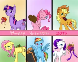 Size: 1280x1024 | Tagged: safe, artist:zokoira, derpibooru import, applejack, fluttershy, pinkie pie, rainbow dash, rarity, twilight sparkle, pony, blushing, chocolate, female, mane six, mare, pixiv, tsundere, valentine