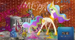 Size: 2523x1348 | Tagged: safe, artist:miradge, derpibooru import, berry punch, berryshine, derpy hooves, discord, princess celestia, spike, alicorn, breezie, bushwoolie, draconequus, dragon, earth pony, flutter pony, parasprite, pegasus, pony, sea pony, bottle, brick, bricks, bush woolies, female, frown, gem, graffiti, grin, lidded eyes, mailbox, mare, open mouth, parade, raised hoof, sitting, smiling, sunglasses, trash, trash can, walking, wall, wat