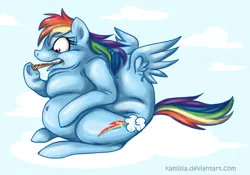 Size: 1000x700 | Tagged: artist:kamisia, candy, cloud, derpibooru import, eating, fat, food, morbidly obese, obese, rainblob dash, rainbow dash, safe