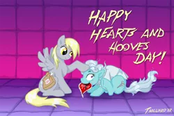Size: 1000x667 | Tagged: safe, artist:dembai, derpibooru import, derpy hooves, screw loose, pegasus, pony, bag, duo, female, heart, hearts and hooves day, insanity, mare, mouth hold, valentine, valentine's day