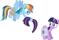 Size: 7000x4747 | Tagged: absurd resolution, artist:powerpuncher, awkward, consequences, derpibooru import, detachable tail, games ponies play, impulsive, modular, oops, rainbow dash, saddle bag, safe, simple background, tail, tail pull, transparent background, twilight sparkle, vector