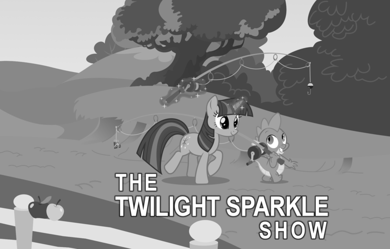 Size: 2001x1280 | Tagged: artist:bongo, black and white, derpibooru import, fishing, fishing rod, gem, grayscale, parody, safe, spike, the andy griffith show, title card, twilight sparkle, wallpaper
