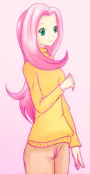 Size: 416x800 | Tagged: artist:monochromaticbay, clothes, cute, derpibooru import, female, fluttershy, human, humanized, pink background, safe, shyabetes, simple background, solo, sweater, sweatershy
