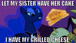 Size: 667x375 | Tagged: clothes, costume, derpibooru import, duo, edit, edited screencap, glorious grilled cheese, grilled cheese, image macro, luna eclipsed, nightmare night costume, princess luna, safe, sandwich, scarecrow, screencap, solo focus