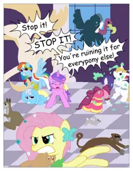 Size: 1024x1316 | Tagged: amethyst star, artist:t-brony, comic:friendship is tragic, comic sans, derpibooru import, fluttershy, kangaroo, linky, monkey, prince blueblood, rainbow dash, rarity, safe, shoeshine, vulture