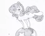 Size: 1169x937 | Tagged: safe, artist:joey darkmeat, derpibooru import, pinkie pie, earth pony, pony, balancing, ball, blushing, cute, diapinkes, grayscale, lineart, looking at you, monochrome, party horn, raised leg, sketch, smiling, solo, traditional art