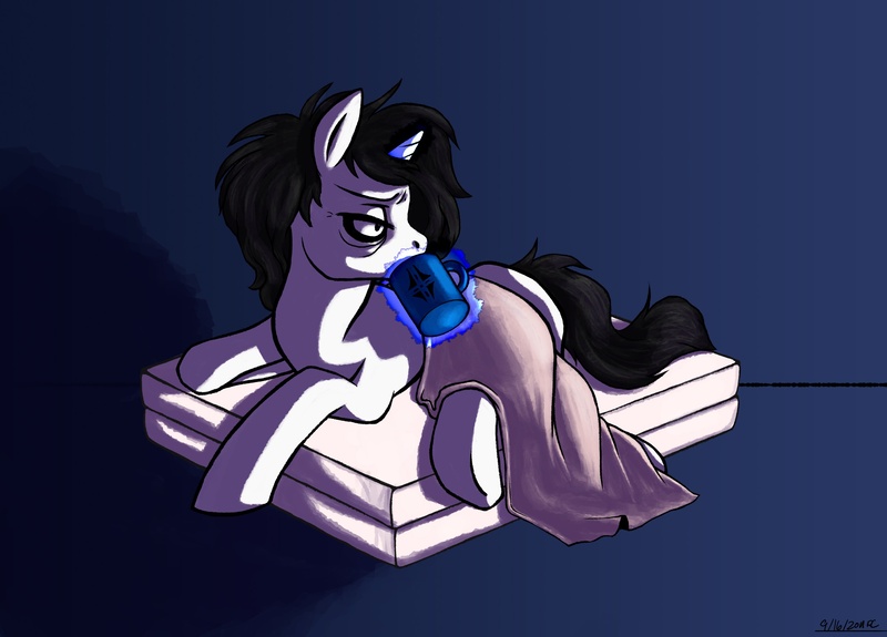 Size: 2550x1832 | Tagged: safe, artist:flyingram, derpibooru import, oc, oc:aby, unofficial characters only, pony, unicorn, bed, coffee, levitation, magic, tired