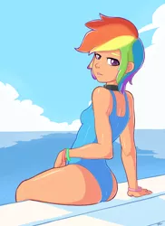Size: 1710x2350 | Tagged: artist:miketheuser, breasts, clothes, delicious flat chest, derpibooru import, female, human, humanized, one-piece swimsuit, rainbow dash, solo, solo female, suggestive, swimsuit