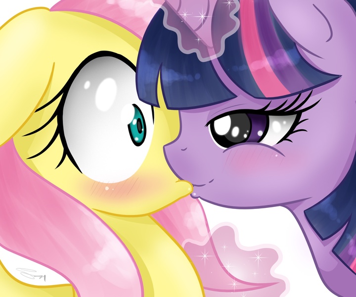 Size: 1800x1500 | Tagged: artist needed, bedroom eyes, blushing, derpibooru import, female, fluttershy, kissing, lesbian, safe, shipping, source needed, twilight sparkle, twishy