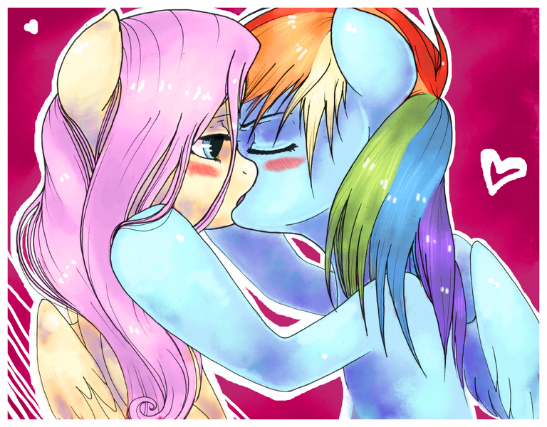 Size: 1646x1286 | Tagged: safe, artist:flutterdashwhore, derpibooru import, fluttershy, rainbow dash, blushing, cute, eyes closed, female, flutterdash, heart, kissing, lesbian, shipping