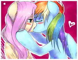 Size: 1646x1286 | Tagged: safe, artist:flutterdashwhore, derpibooru import, fluttershy, rainbow dash, blushing, cute, eyes closed, female, flutterdash, heart, kissing, lesbian, shipping