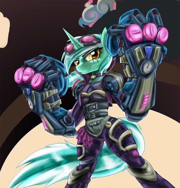 Size: 1039x1080 | Tagged: artist:zedrin, badass, bipedal, crossover, derpibooru import, hand, humie, league of legends, lyra heartstrings, mechanical hands, safe, solo, vi