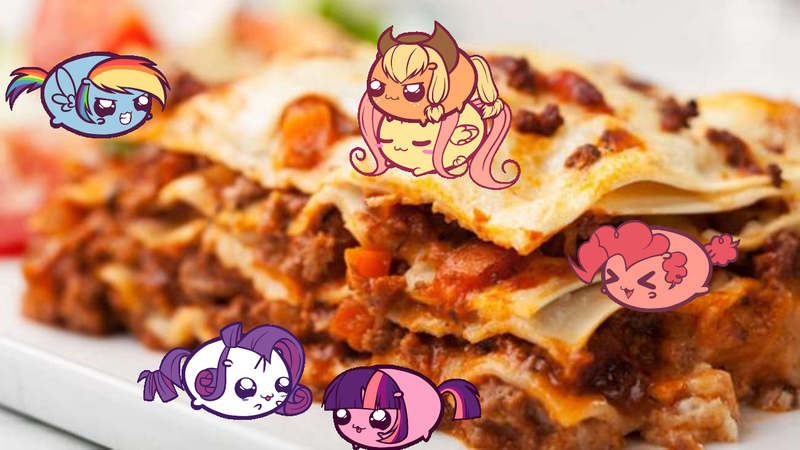 Size: 1300x732 | Tagged: applejack, chubbie, cute, derpibooru import, fluttershy, food, horse meat, lasagna, pinkie pie, rainbow dash, rarity, safe, twilight sparkle