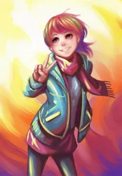 Size: 1116x1600 | Tagged: abstract background, artist:ninjaham, clothes, derpibooru import, humanized, jacket, peace sign, rainbow dash, safe, scarf, solo