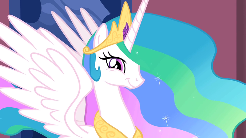 Size: 1280x720 | Tagged: safe, derpibooru import, screencap, princess celestia, the return of harmony, looking at you, smiling, solo, spread wings, :t, twiface