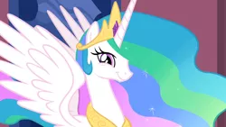 Size: 1280x720 | Tagged: safe, derpibooru import, screencap, princess celestia, the return of harmony, looking at you, smiling, solo, spread wings, :t, twiface