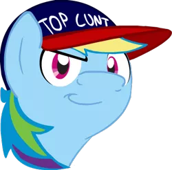 Size: 406x400 | Tagged: artist:mrponiator, baseball cap, bust, hat, portrait, rainbow dash, safe, simple background, solo, top cunt, top gun, transparent background, vulgar