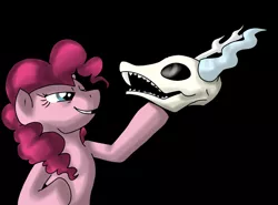 Size: 1199x888 | Tagged: safe, artist:itsaaudraw, derpibooru import, discord, pinkie pie, earth pony, pony, bipedal, dead, female, hamlet, mare, parody, simple background, skull, solo