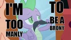 Size: 640x360 | Tagged: anti-brony, derpibooru import, hater, image macro, irony, manliness, mirror, moustache, proud, safe, spike