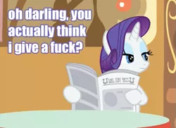 Size: 607x442 | Tagged: cropped, derpibooru import, edit, edited screencap, image macro, newspaper, no fucks, ponyville confidential, rarity, reaction image, reading, safe, screencap, solo, table, vulgar